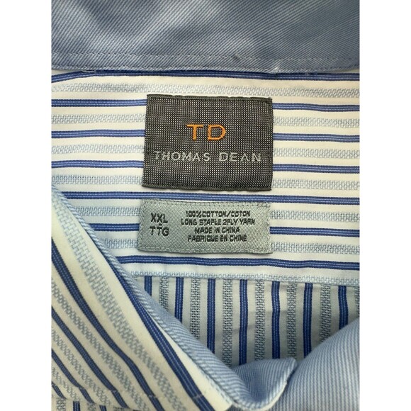 Thomas Dean Button Long Sleeve Striped Dress Shirt Mens XXL Flip Cuff Blue White - Picture 3 of 9